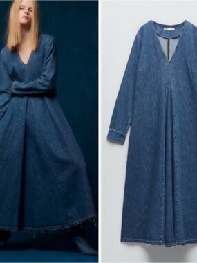 Zara tilda Denim V-Neck Long Sleeve Maxi Dress NWT- Blue size M